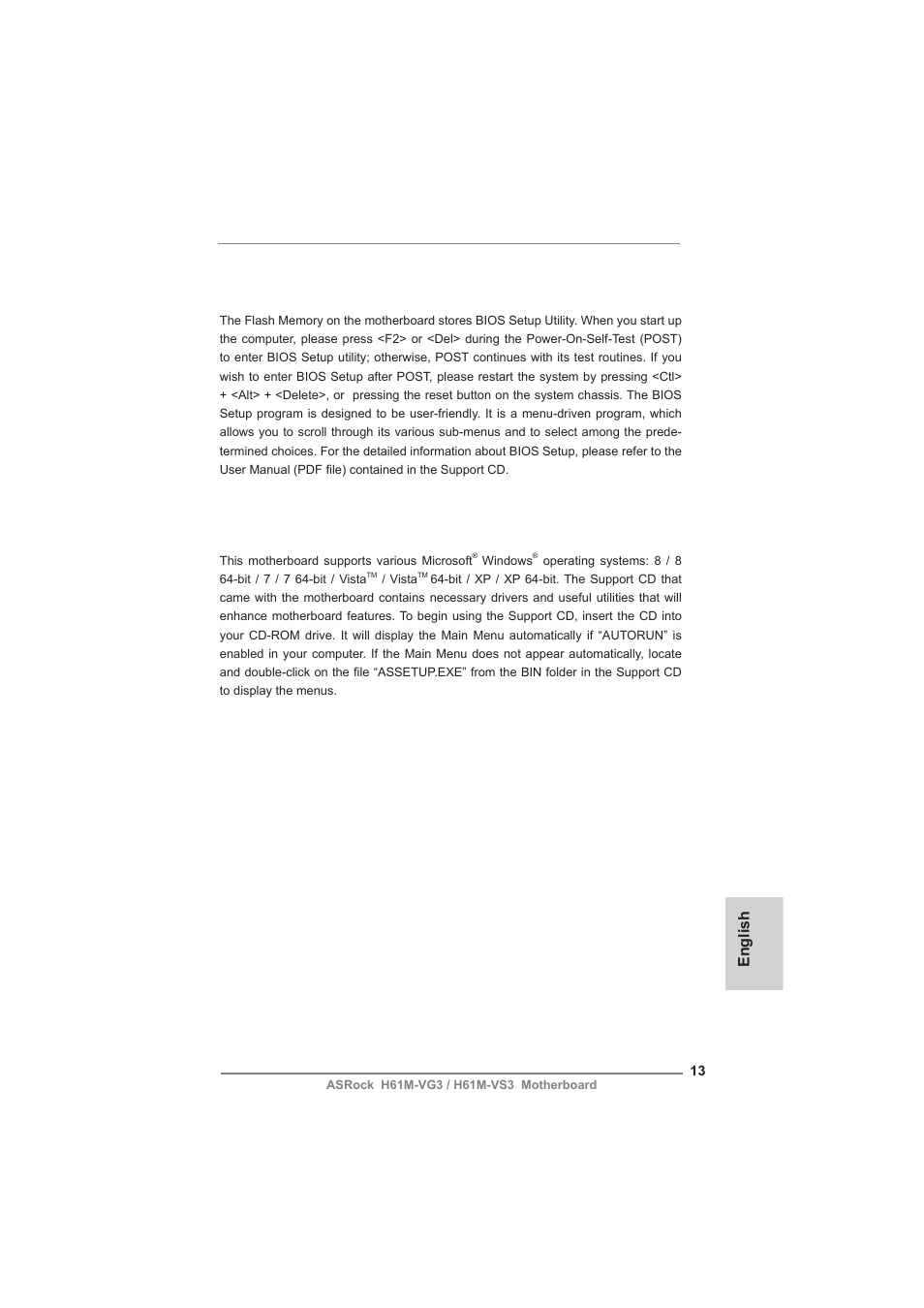 Bios information, Software support cd information, English | ASRock H61M-VG3 User Manual | Page 13 / 48