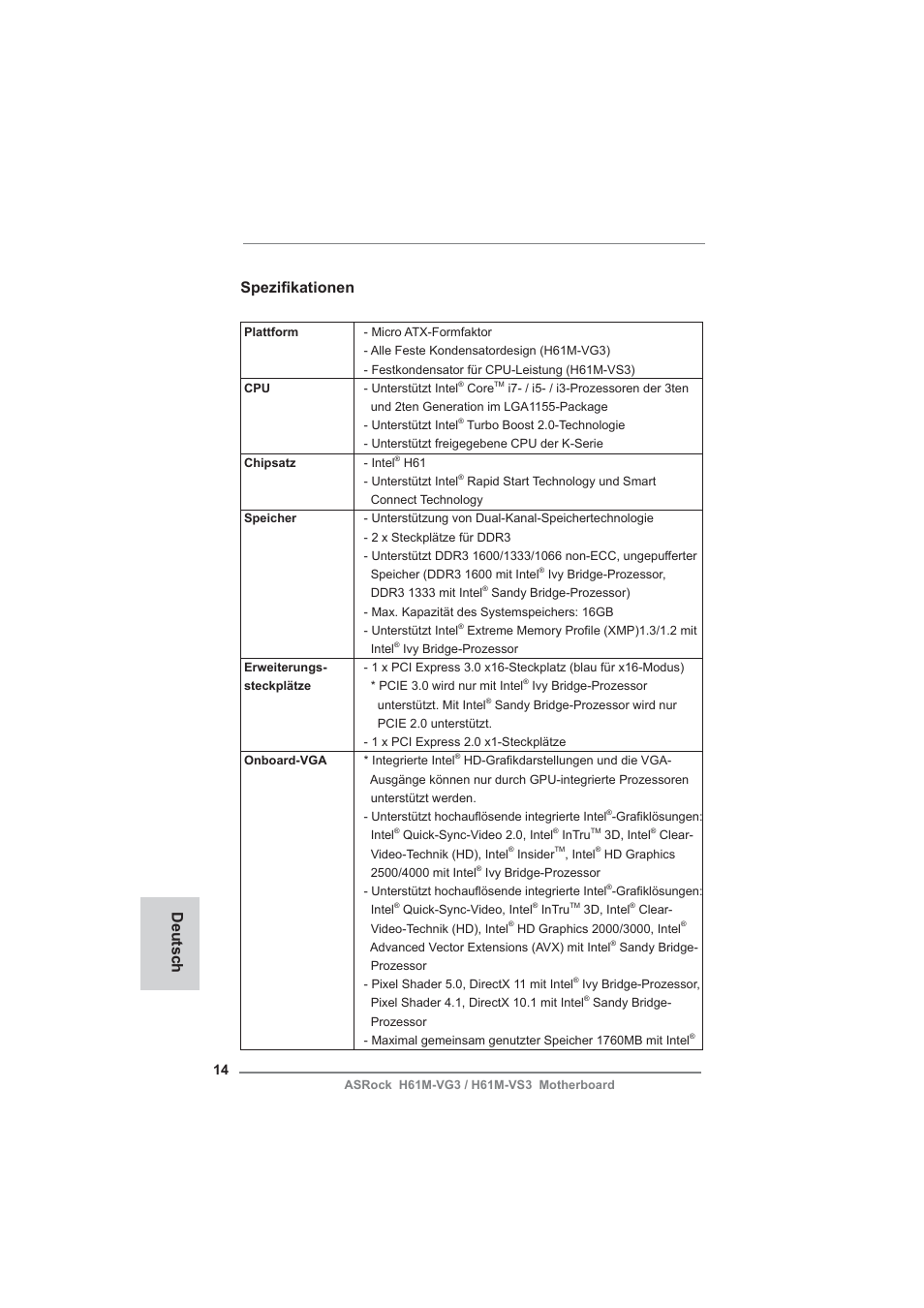 German, Spezifi kationen, Deutsch | ASRock H61M-VG3 User Manual | Page 14 / 48