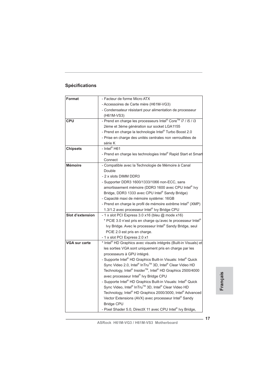 French, Français spécifi cations | ASRock H61M-VG3 User Manual | Page 17 / 48