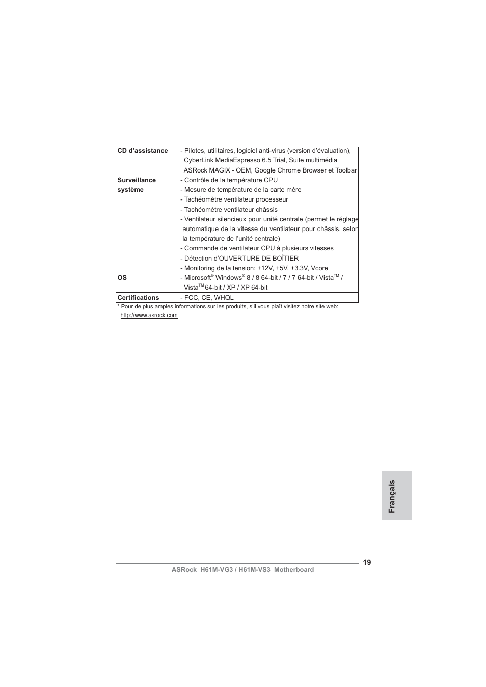 Français | ASRock H61M-VG3 User Manual | Page 19 / 48