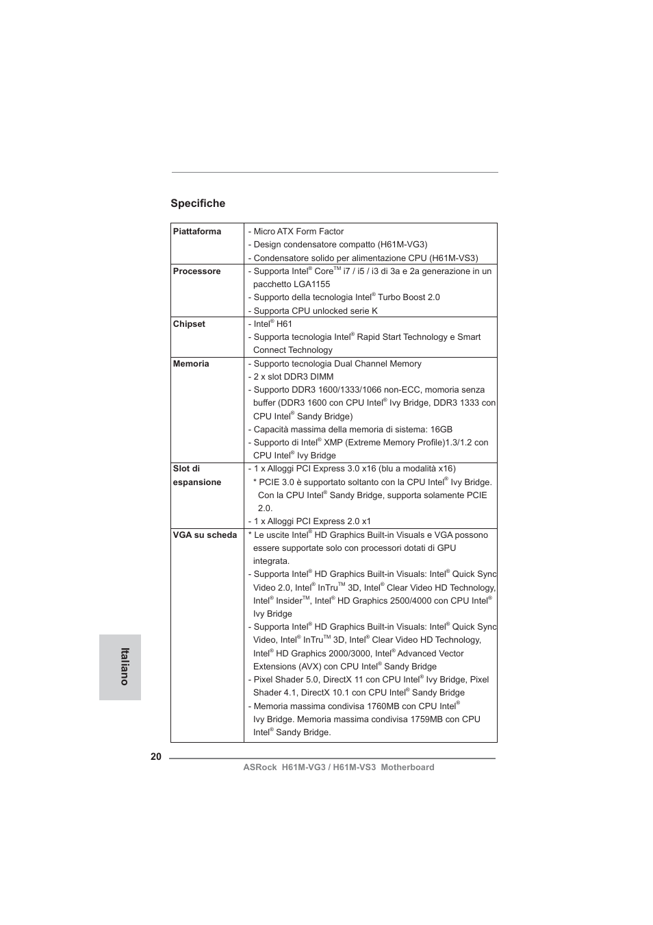 Italian, Specifi che, Italiano | ASRock H61M-VG3 User Manual | Page 20 / 48