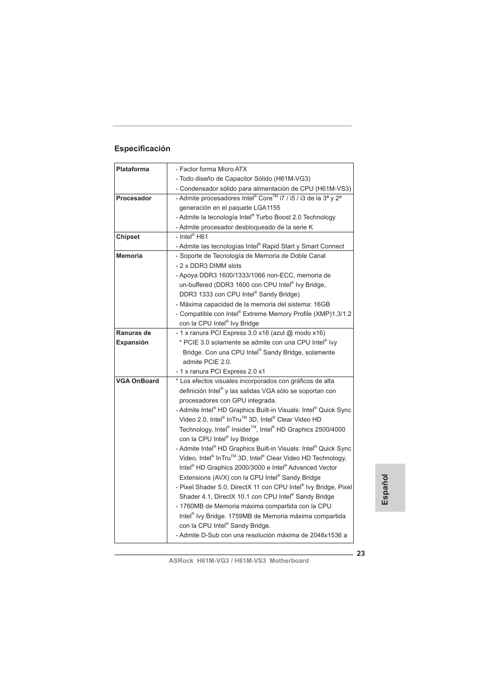 Spanish, Español especifi cación | ASRock H61M-VG3 User Manual | Page 23 / 48
