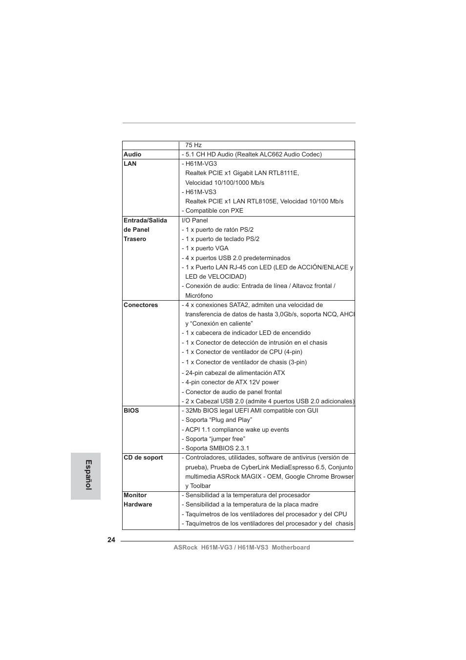 Español | ASRock H61M-VG3 User Manual | Page 24 / 48