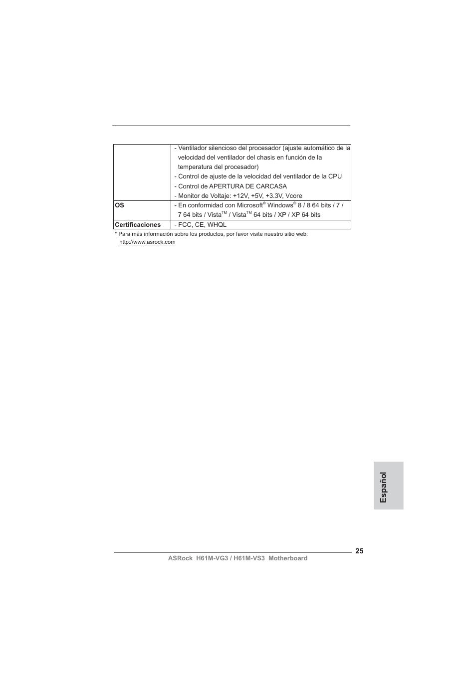Español | ASRock H61M-VG3 User Manual | Page 25 / 48