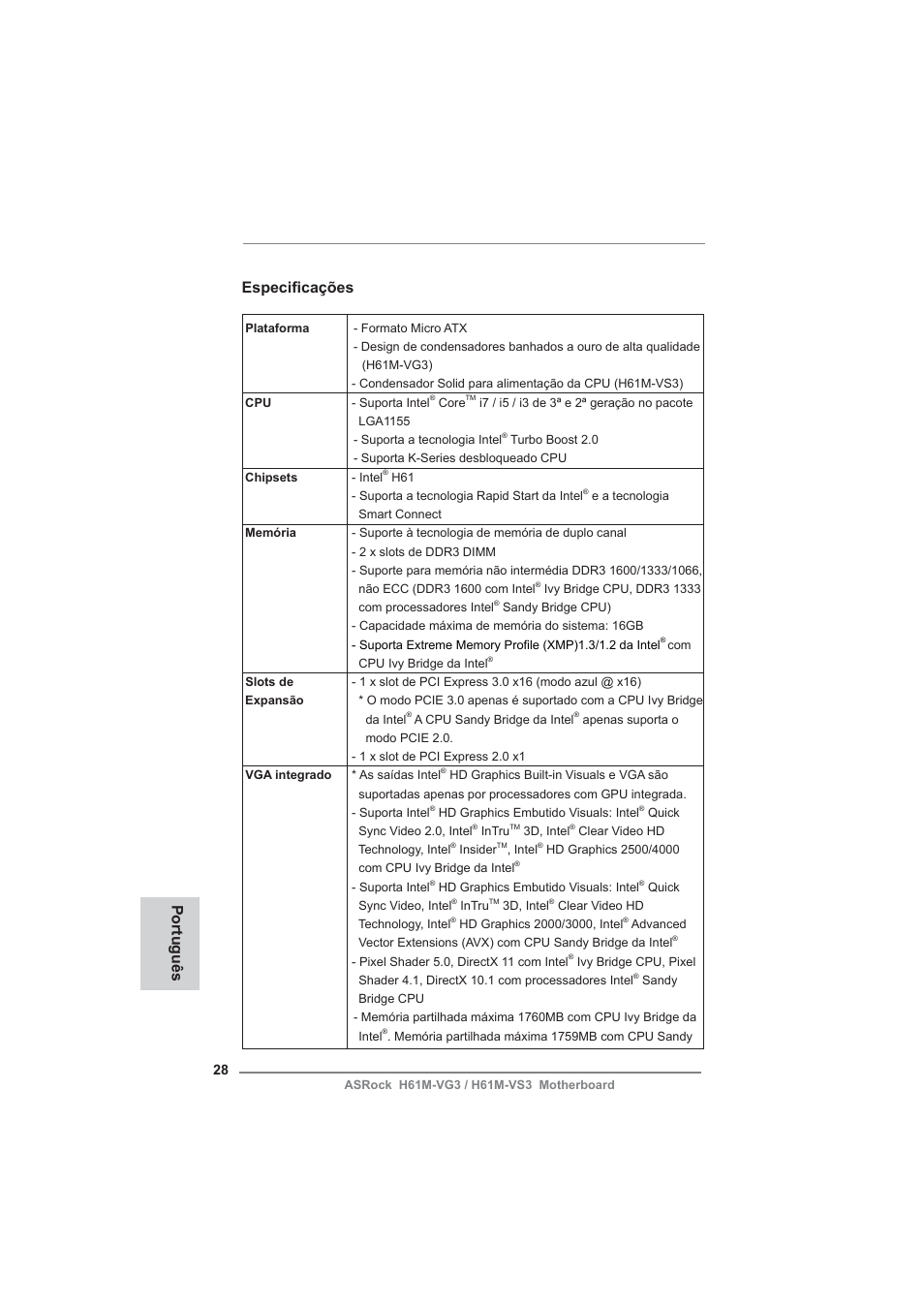 Portuguese, Especifi cações, Português | ASRock H61M-VG3 User Manual | Page 28 / 48