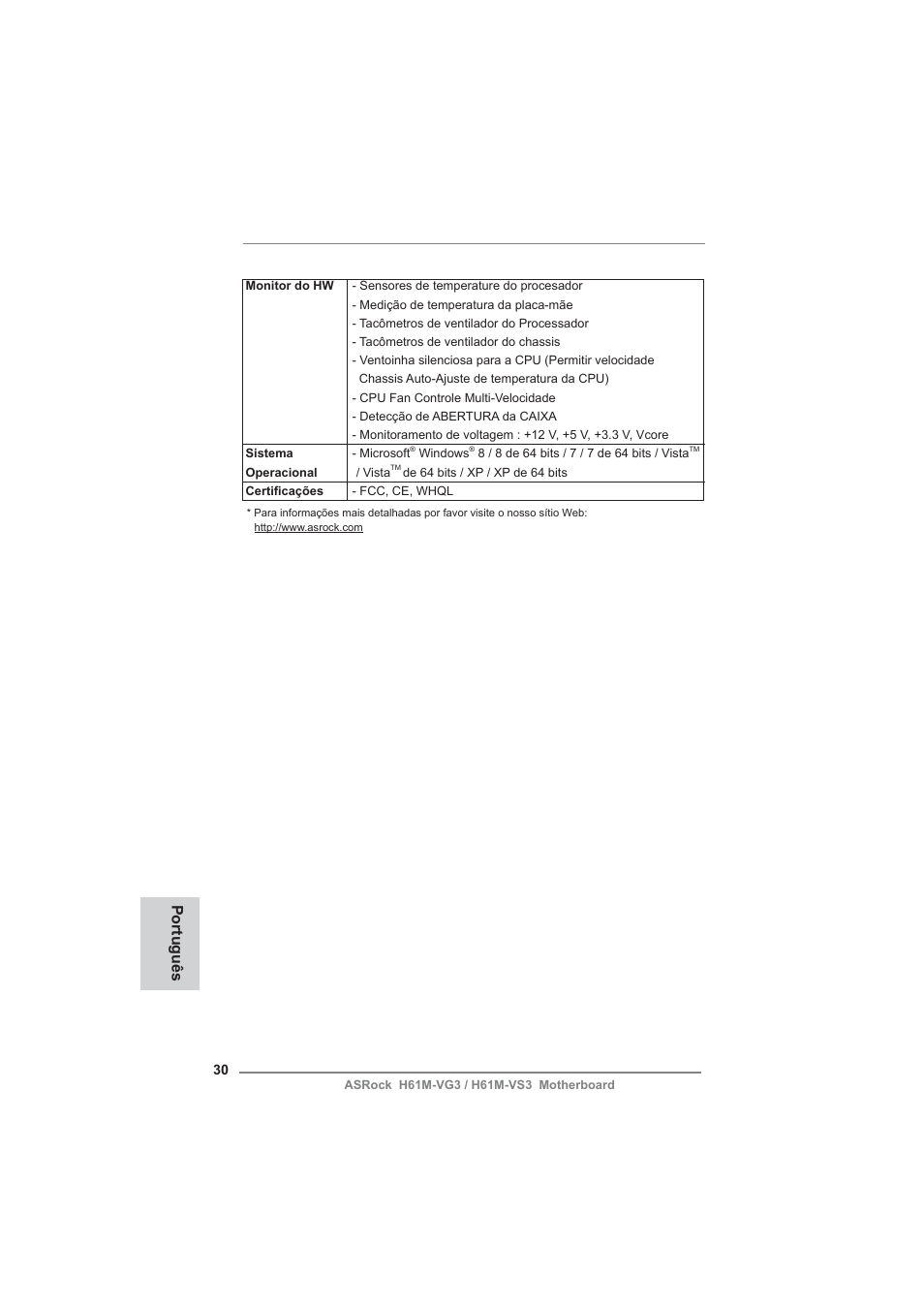 Português | ASRock H61M-VG3 User Manual | Page 30 / 48