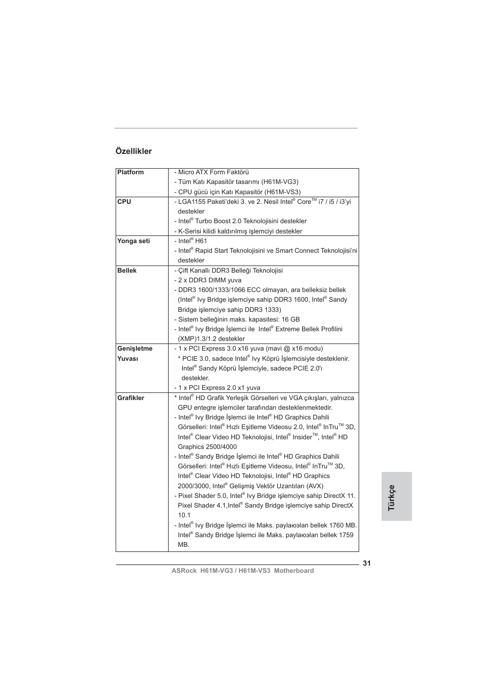 Turkish, Özellikler, Türkçe | ASRock H61M-VG3 User Manual | Page 31 / 48