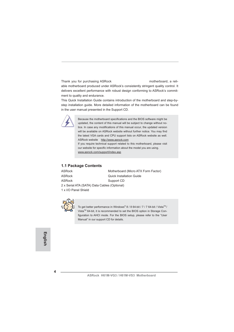 Introduction, English, 1 package contents | ASRock H61M-VG3 User Manual | Page 4 / 48