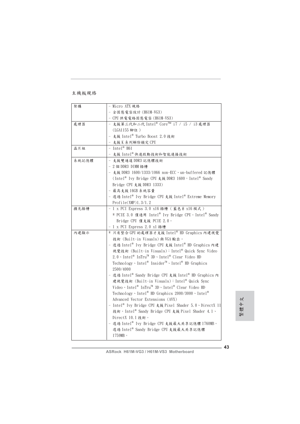Traditional chinese, 主機板規格, 繁體中文 | ASRock H61M-VG3 User Manual | Page 43 / 48
