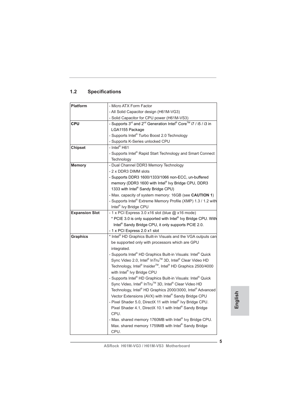 English 1.2 specifi cations | ASRock H61M-VG3 User Manual | Page 5 / 48