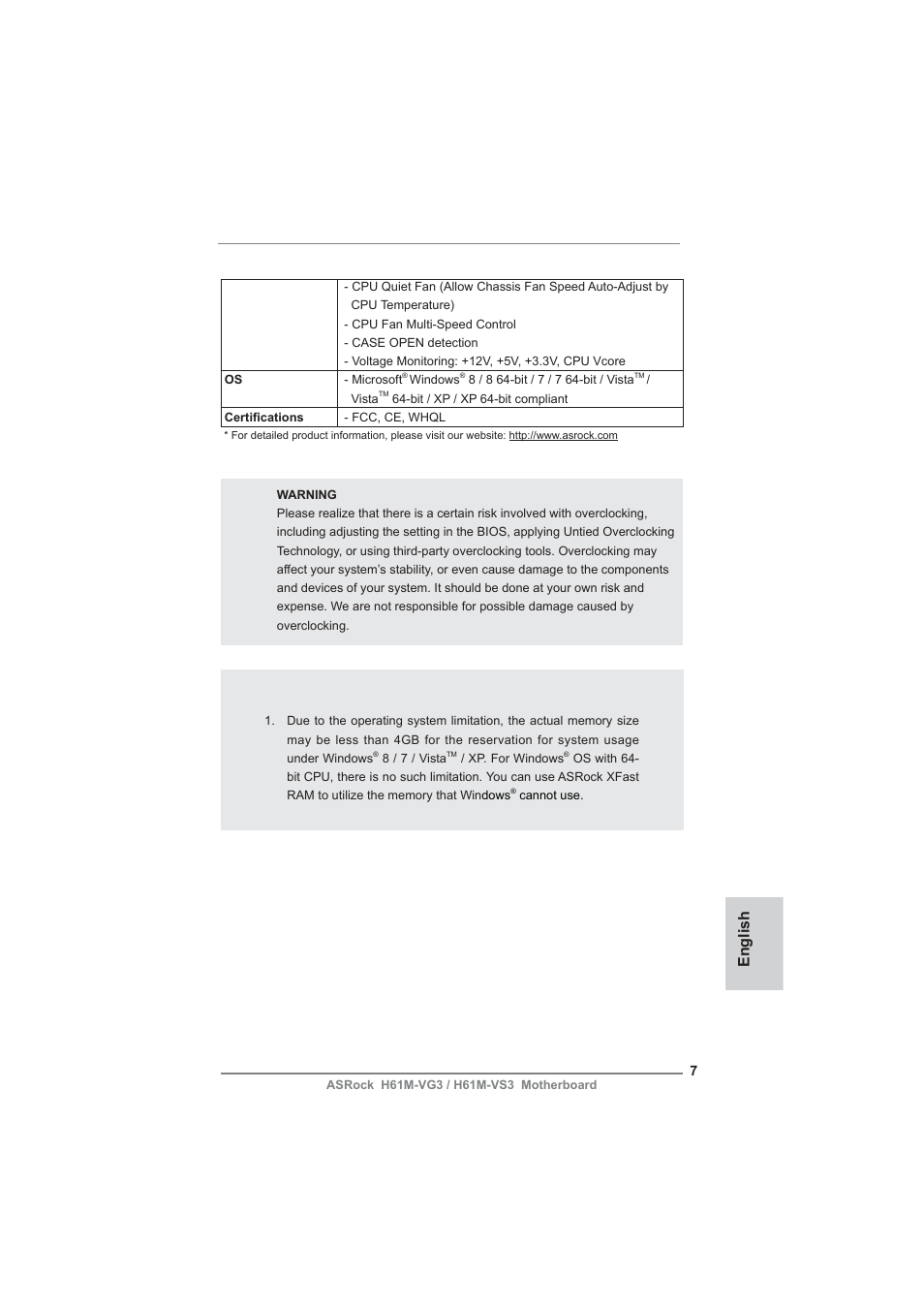 Caution, English | ASRock H61M-VG3 User Manual | Page 7 / 48