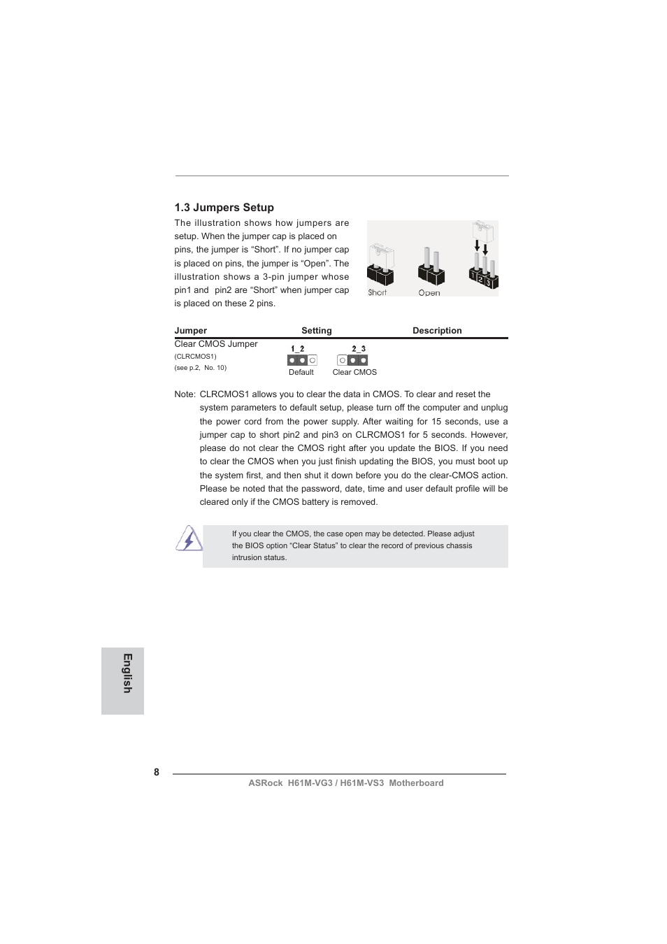 English 1.3 jumpers setup | ASRock H61M-VG3 User Manual | Page 8 / 48