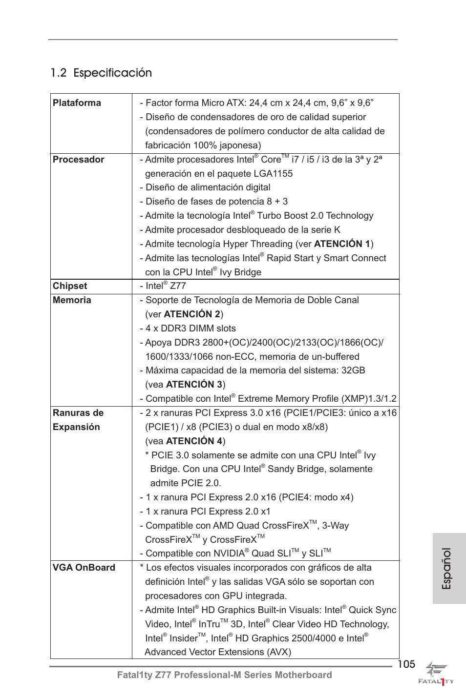 Español 1.2 especificación | ASRock Fatal1ty Z77 Professional-M User Manual | Page 105 / 245