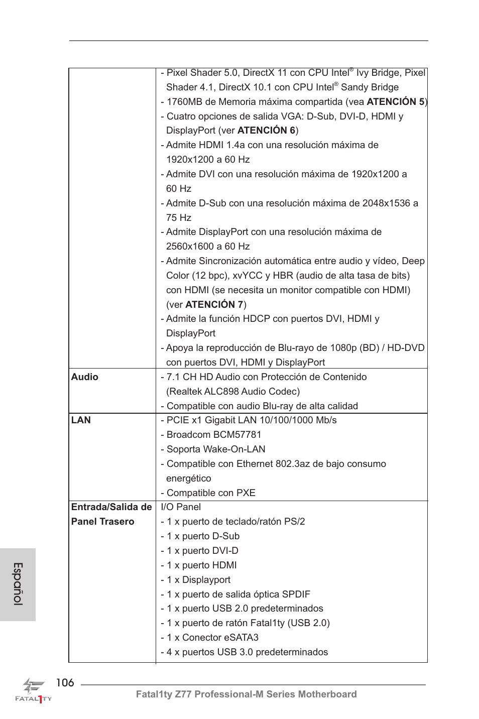 Español | ASRock Fatal1ty Z77 Professional-M User Manual | Page 106 / 245