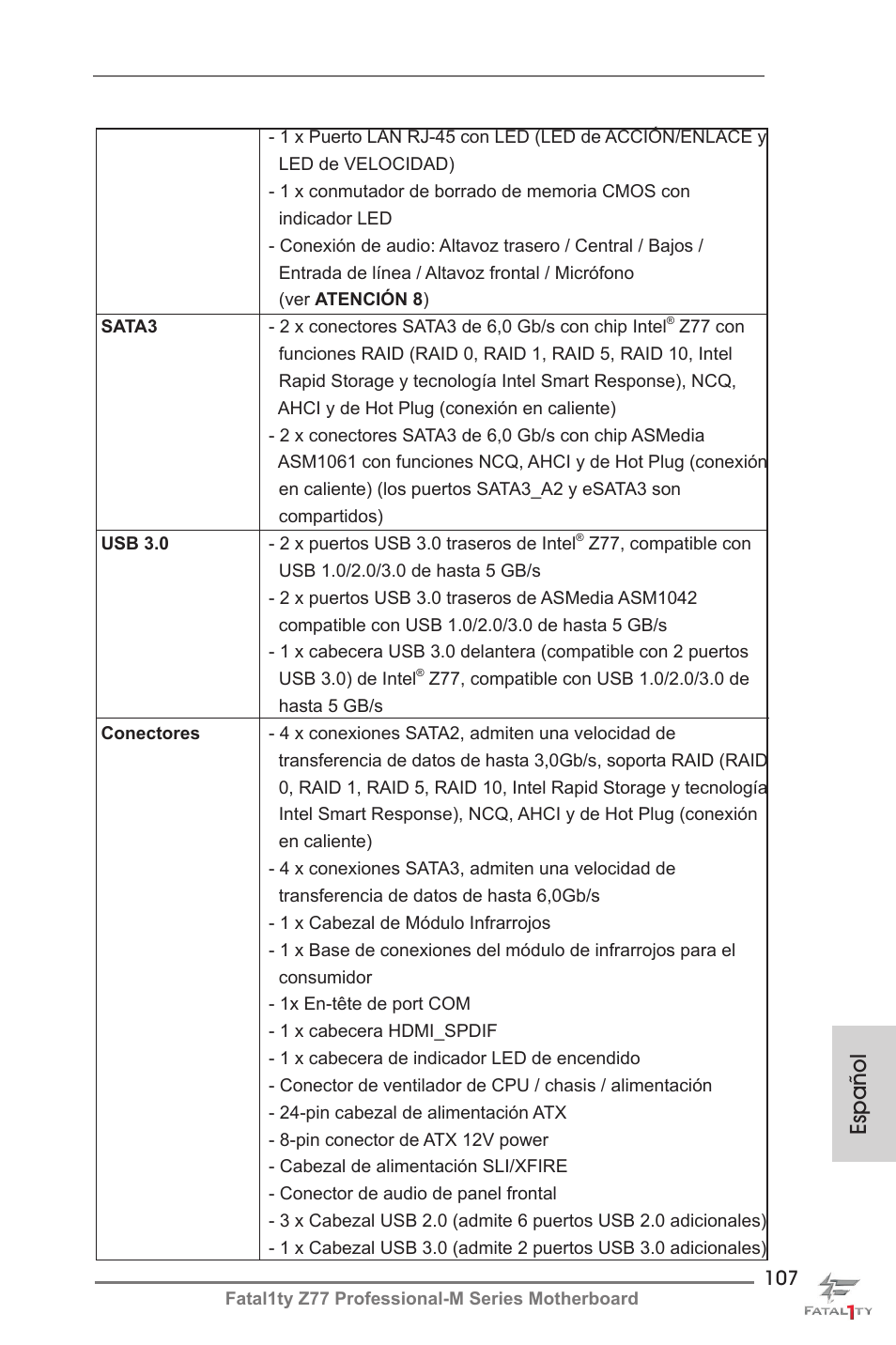 Español | ASRock Fatal1ty Z77 Professional-M User Manual | Page 107 / 245