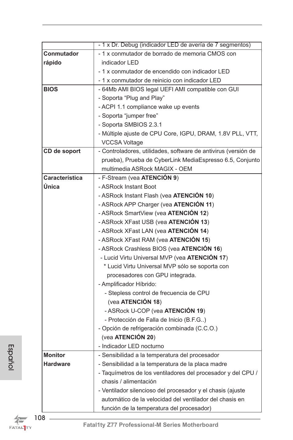 Español | ASRock Fatal1ty Z77 Professional-M User Manual | Page 108 / 245