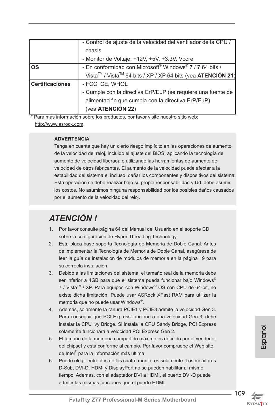 Atención, Español | ASRock Fatal1ty Z77 Professional-M User Manual | Page 109 / 245