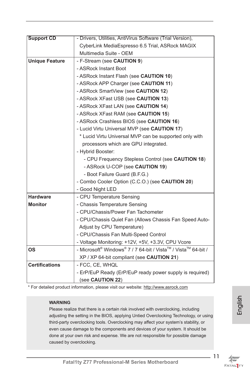 English | ASRock Fatal1ty Z77 Professional-M User Manual | Page 11 / 245