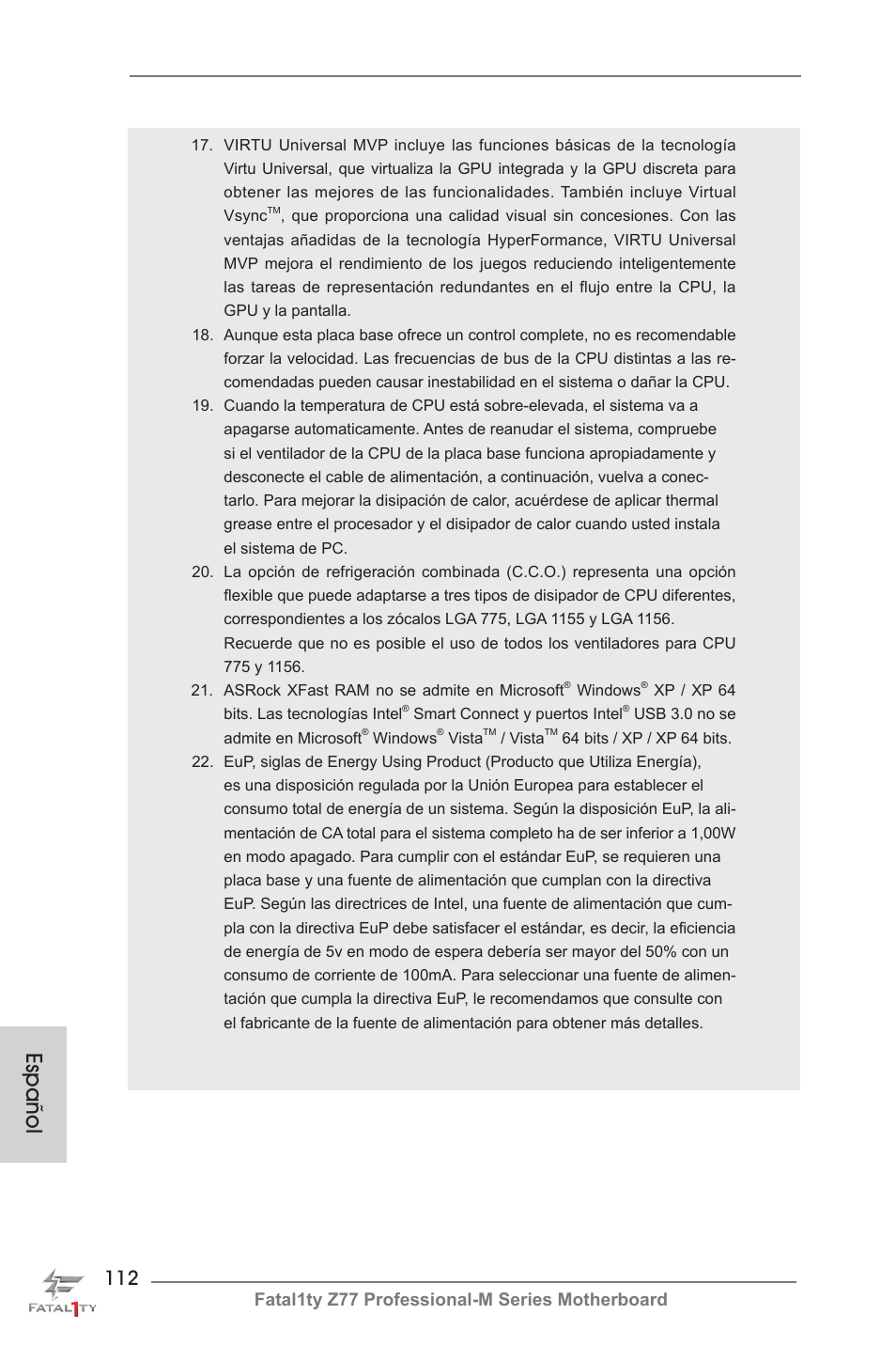 Español, Fatal1ty z77 professional-m series motherboard | ASRock Fatal1ty Z77 Professional-M User Manual | Page 112 / 245