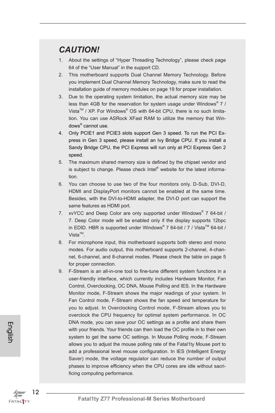 Caution, English, Fatal1ty z77 professional-m series motherboard | ASRock Fatal1ty Z77 Professional-M User Manual | Page 12 / 245