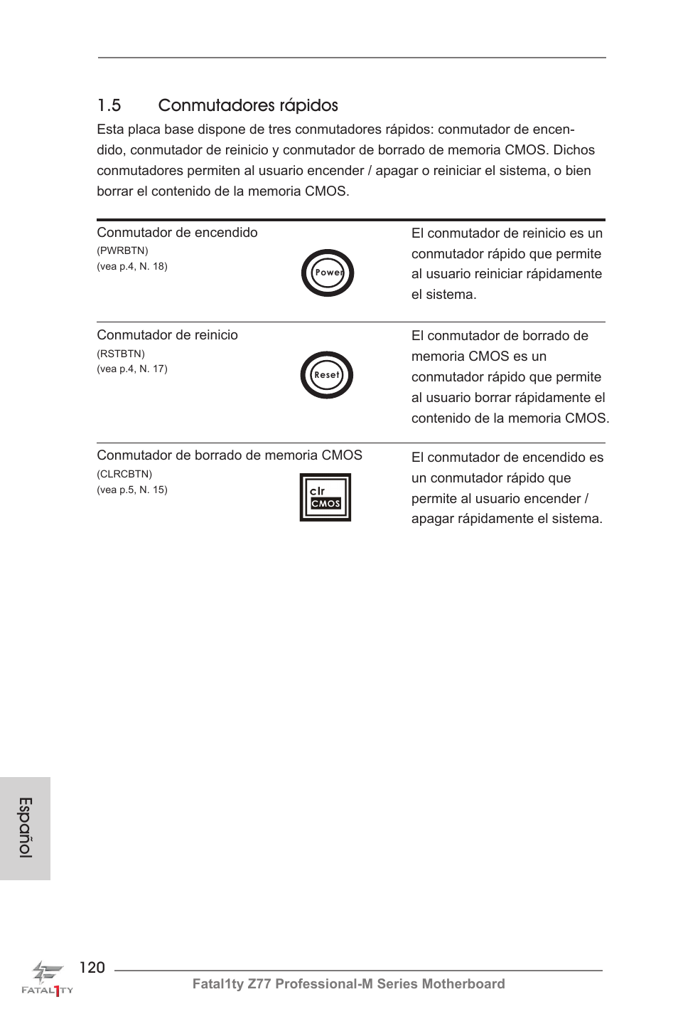 Español 1.5 conmutadores rápidos | ASRock Fatal1ty Z77 Professional-M User Manual | Page 120 / 245