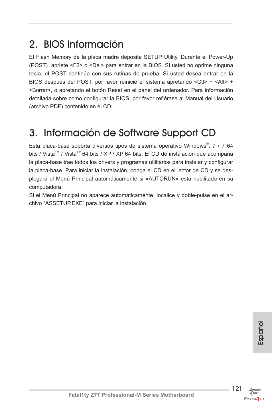 Bios información, Información de software support cd, Español | ASRock Fatal1ty Z77 Professional-M User Manual | Page 121 / 245