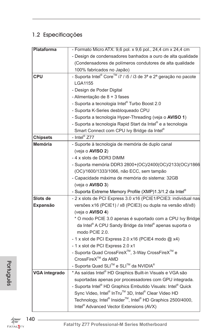 Por tuguês 1.2 especificações | ASRock Fatal1ty Z77 Professional-M User Manual | Page 140 / 245