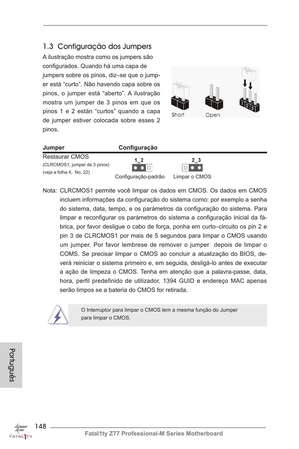 Por tuguês 1.3 configuração dos jumpers | ASRock Fatal1ty Z77 Professional-M User Manual | Page 148 / 245