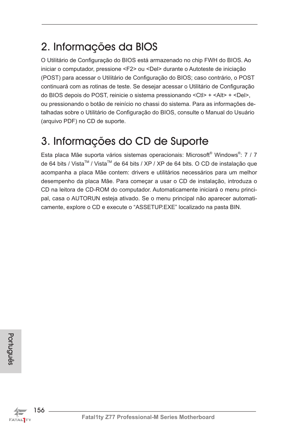 Informações da bios, Informações do cd de suporte, Por tuguês | ASRock Fatal1ty Z77 Professional-M User Manual | Page 156 / 245