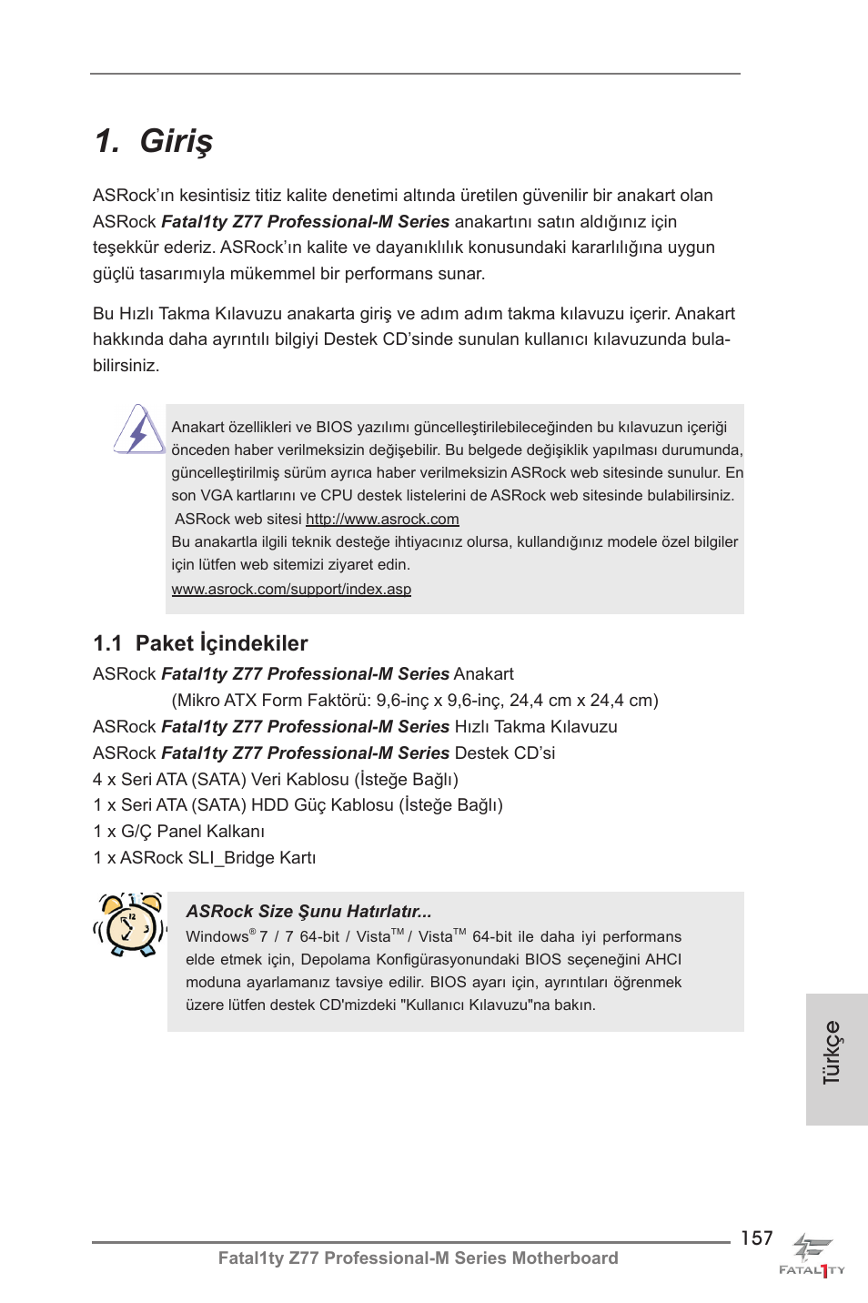Turkish, Giriş, Türkçe | 1 paket içindekiler | ASRock Fatal1ty Z77 Professional-M User Manual | Page 157 / 245