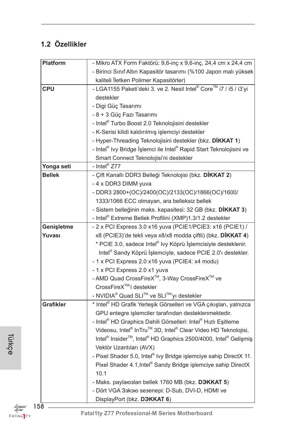 Türkçe, 2 özellikler | ASRock Fatal1ty Z77 Professional-M User Manual | Page 158 / 245