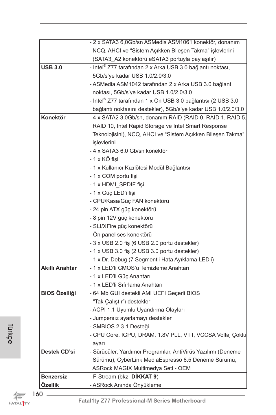 Türkçe | ASRock Fatal1ty Z77 Professional-M User Manual | Page 160 / 245