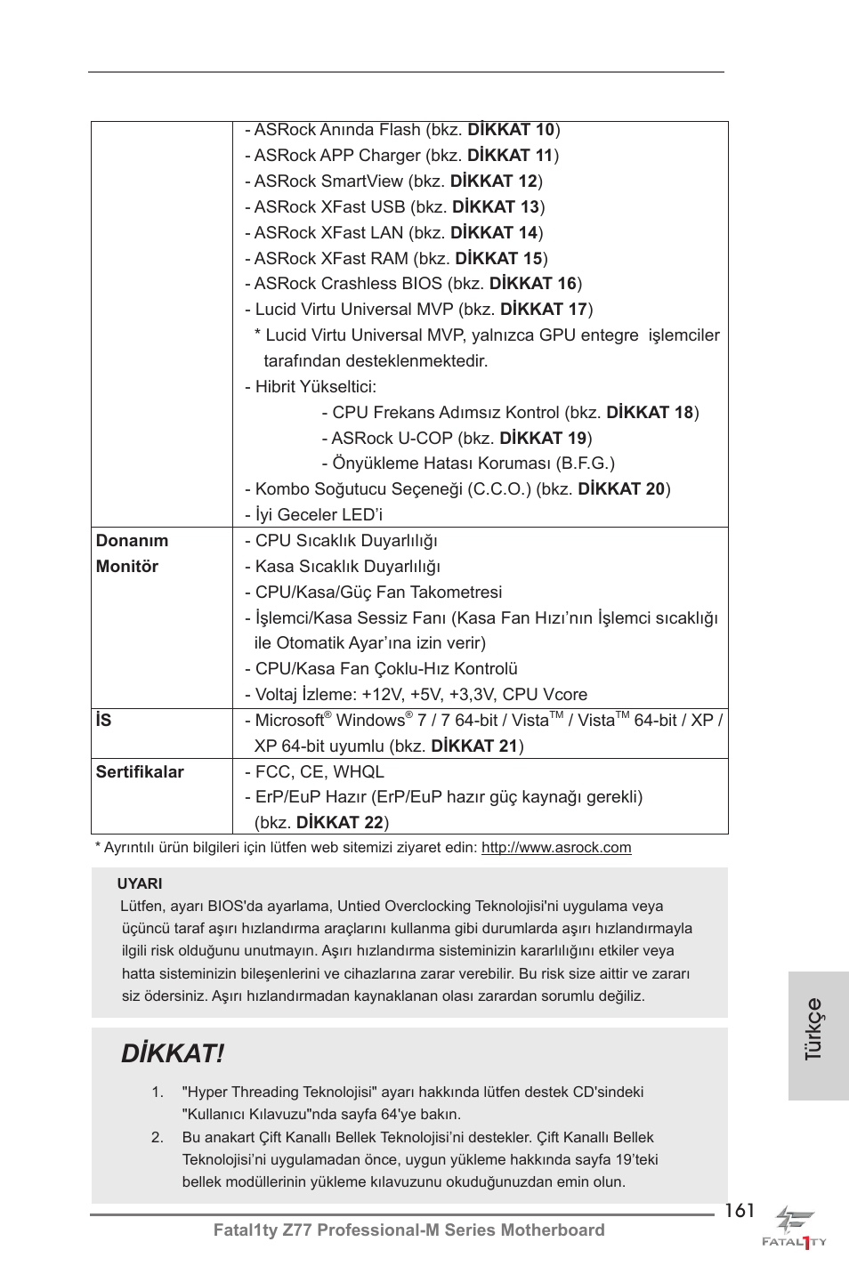 Dikkat, Türkçe | ASRock Fatal1ty Z77 Professional-M User Manual | Page 161 / 245