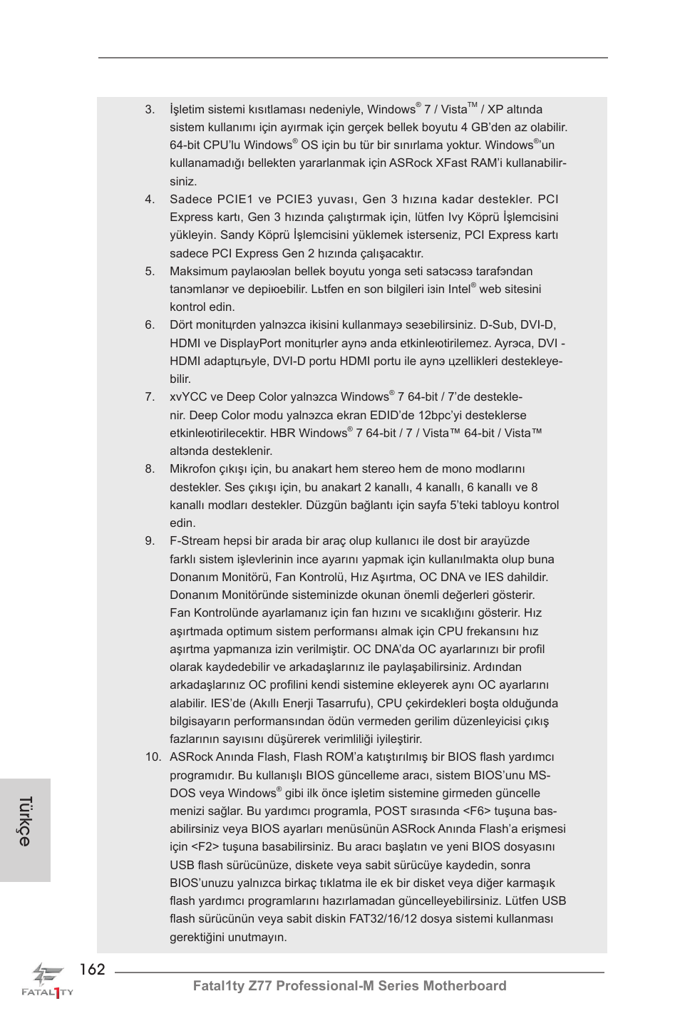 Türkçe, Fatal1ty z77 professional-m series motherboard | ASRock Fatal1ty Z77 Professional-M User Manual | Page 162 / 245