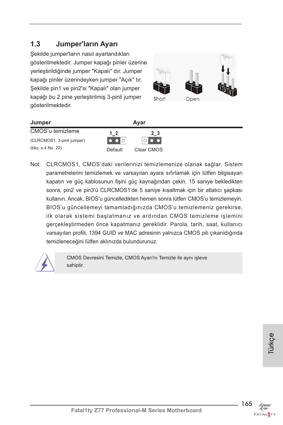 Türkçe 1.3 jumper'ların ayarı | ASRock Fatal1ty Z77 Professional-M User Manual | Page 165 / 245