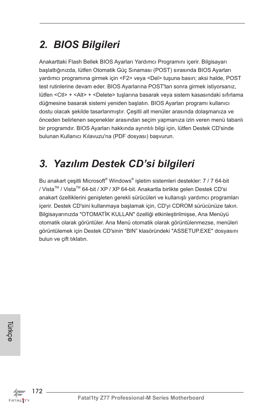 Bios bilgileri, Yazılım destek cd’si bilgileri, Türkçe | ASRock Fatal1ty Z77 Professional-M User Manual | Page 172 / 245