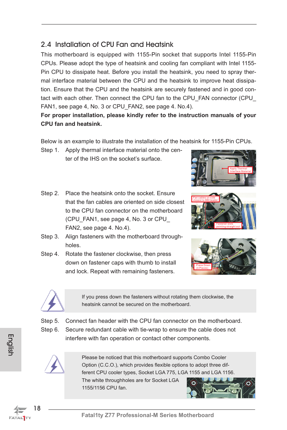 English 2.4 installation of cpu fan and heatsink | ASRock Fatal1ty Z77 Professional-M User Manual | Page 18 / 245