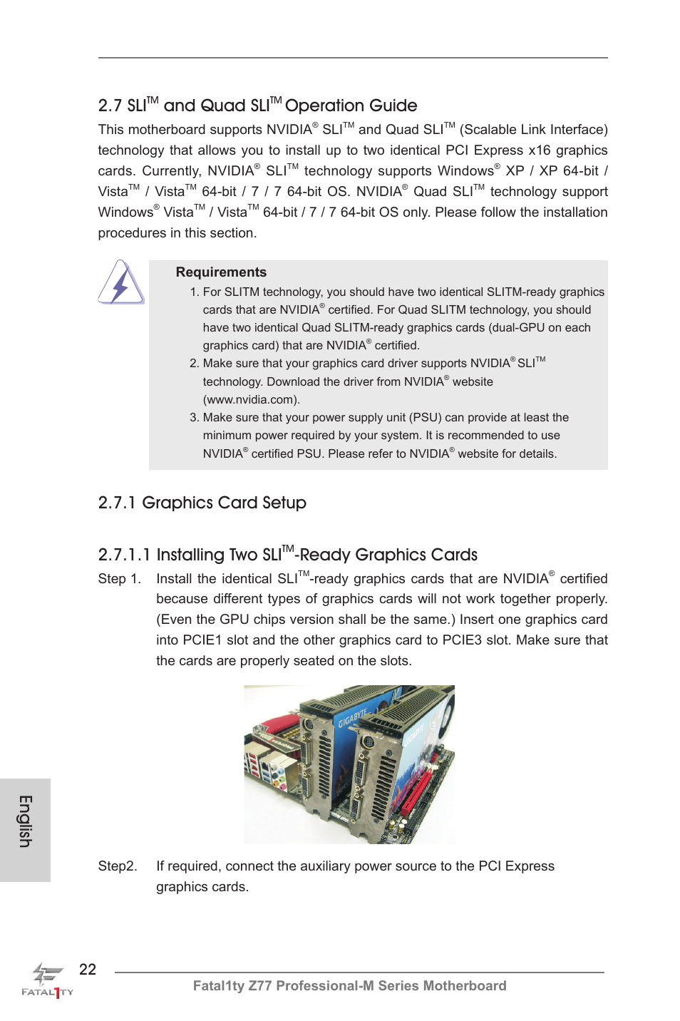 7 sli, And quad sli, Operation guide | Ready graphics cards, English | ASRock Fatal1ty Z77 Professional-M User Manual | Page 22 / 245