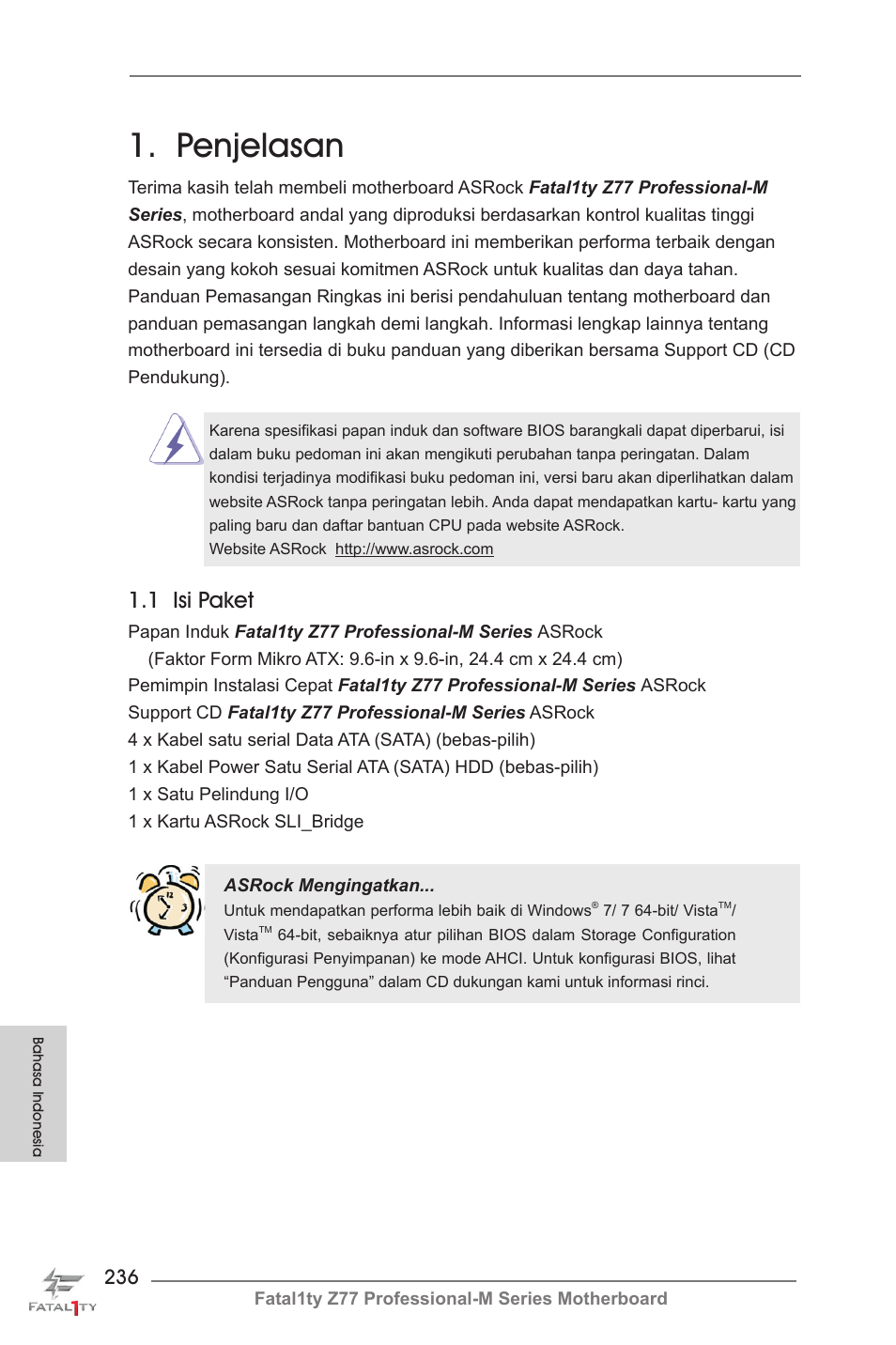 Indonesian, Penjelasan, 1 isi paket | ASRock Fatal1ty Z77 Professional-M User Manual | Page 236 / 245