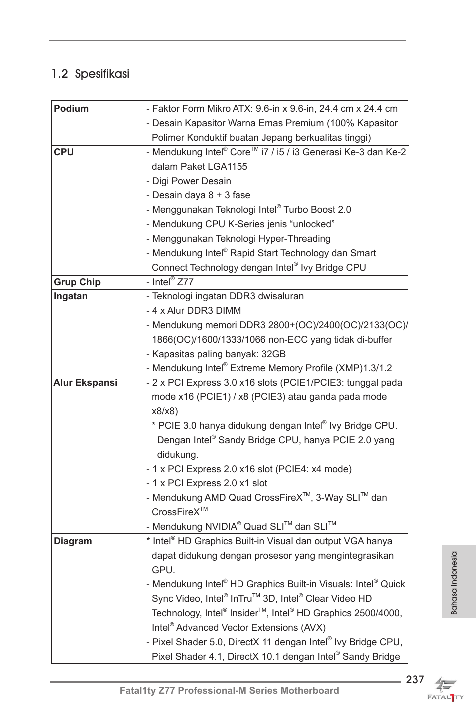 2 spesifikasi | ASRock Fatal1ty Z77 Professional-M User Manual | Page 237 / 245