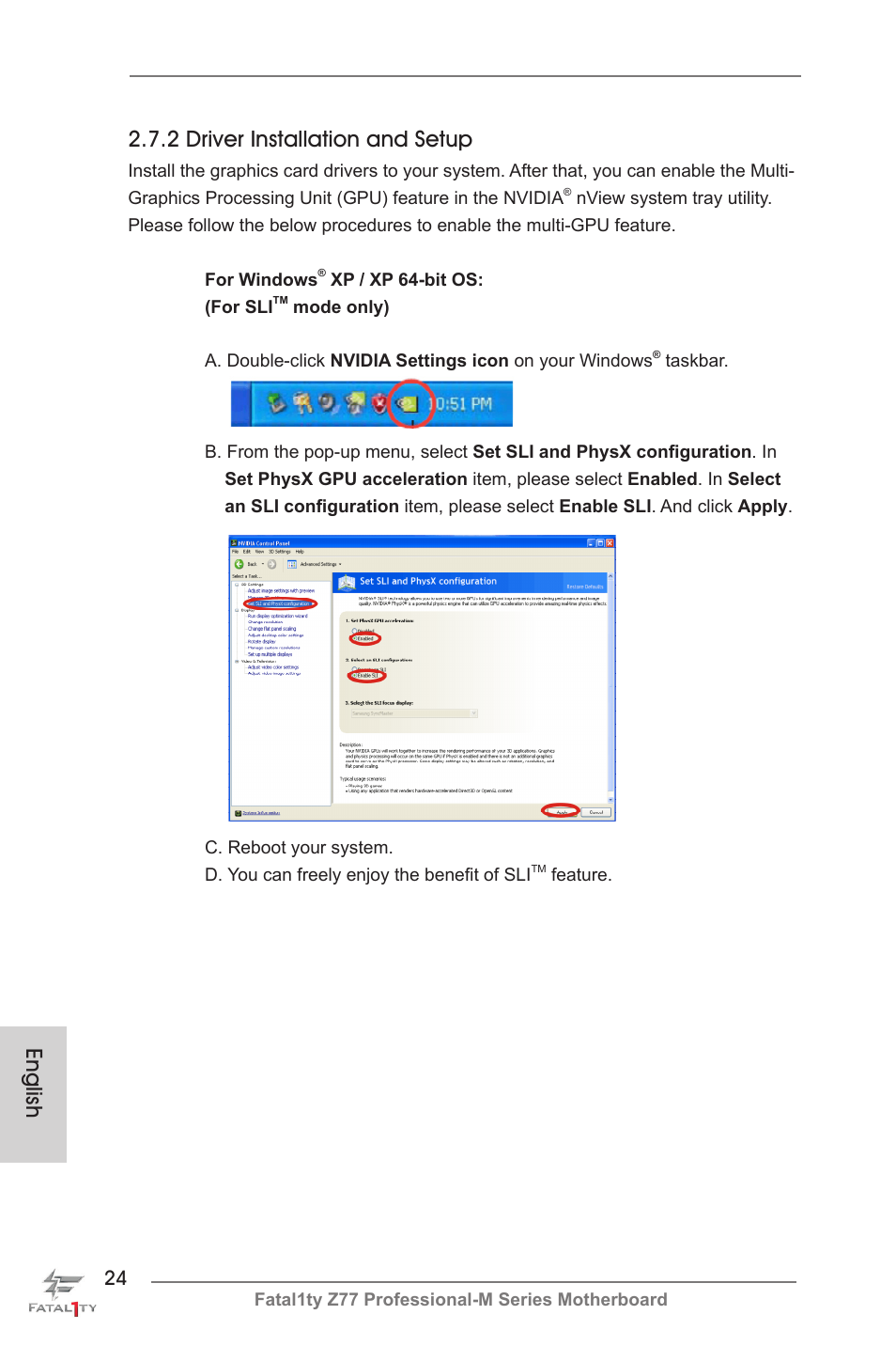 English 2.7.2 driver installation and setup | ASRock Fatal1ty Z77 Professional-M User Manual | Page 24 / 245