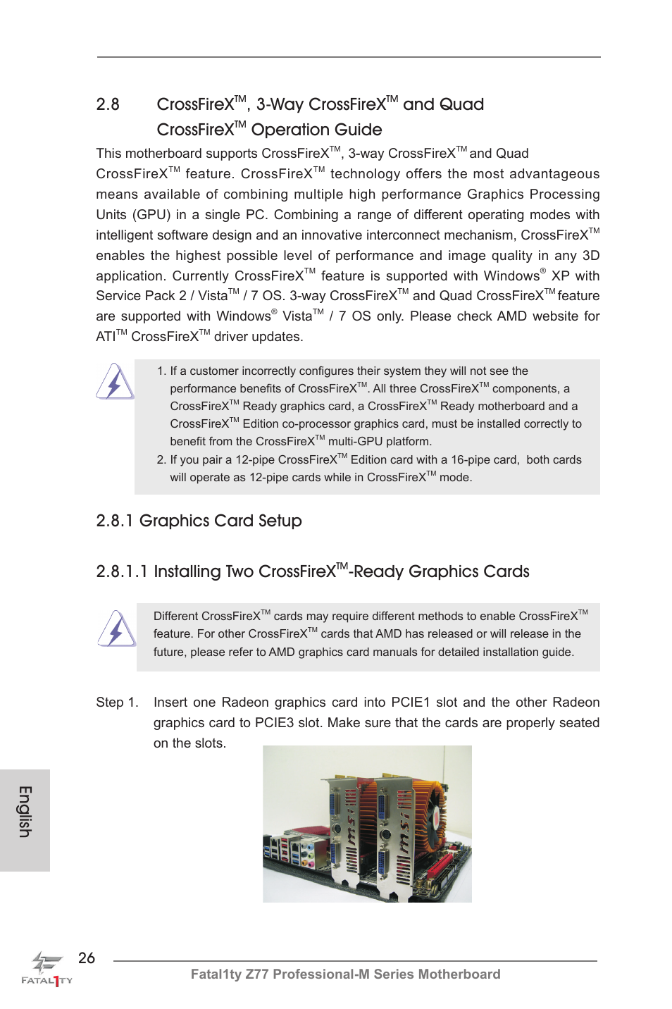 English, 8 crossfirex, Way crossfirex | And quad crossfirex, Operation guide, Ready graphics cards | ASRock Fatal1ty Z77 Professional-M User Manual | Page 26 / 245