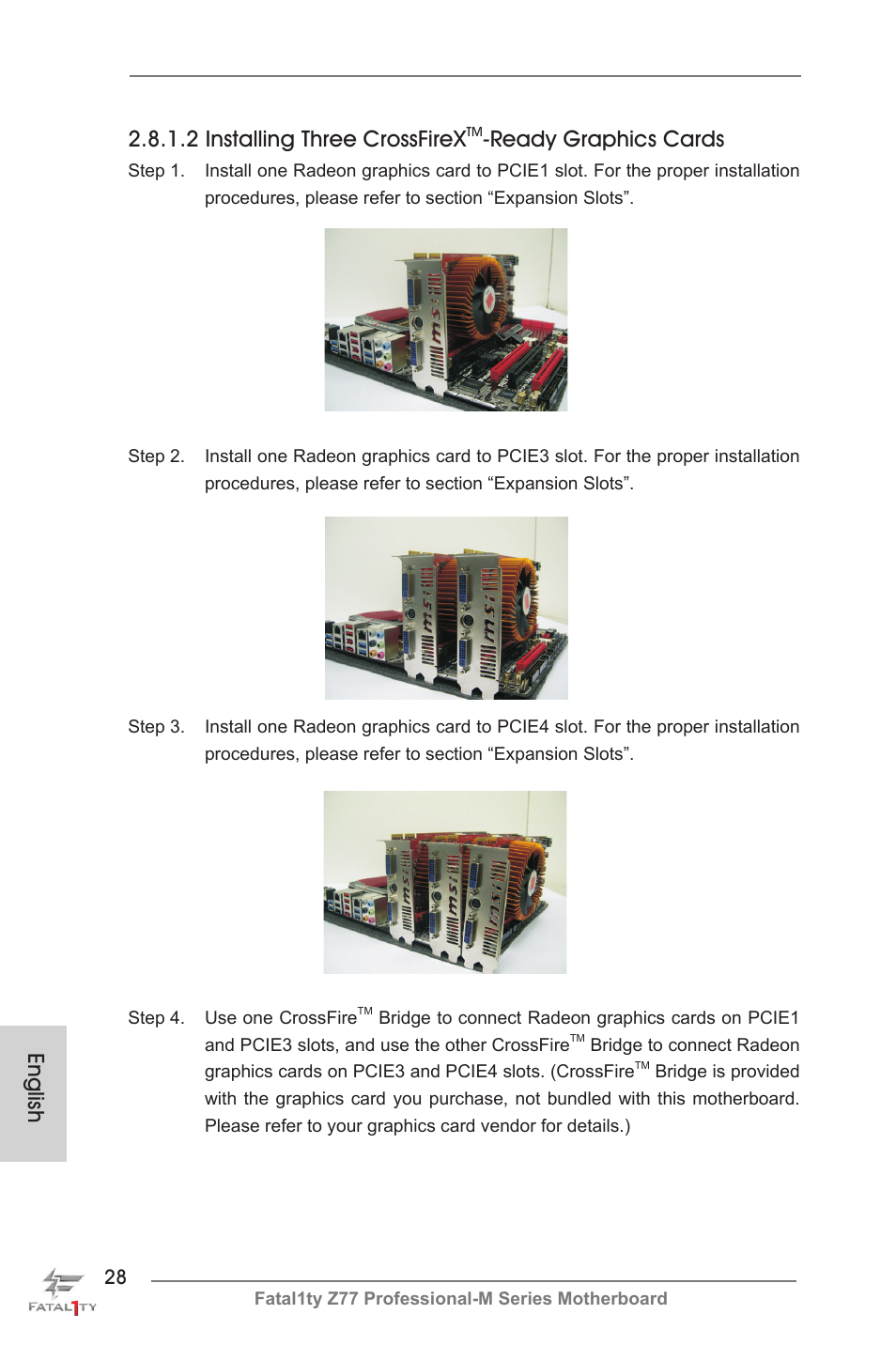 English 2.8.1.2 installing three crossfirex, Ready graphics cards | ASRock Fatal1ty Z77 Professional-M User Manual | Page 28 / 245