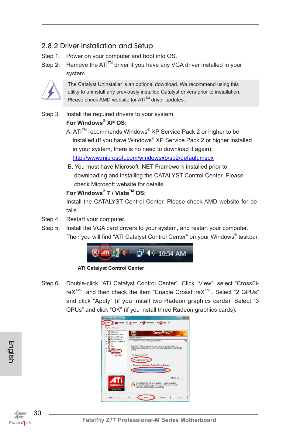 English, 2 driver installation and setup | ASRock Fatal1ty Z77 Professional-M User Manual | Page 30 / 245