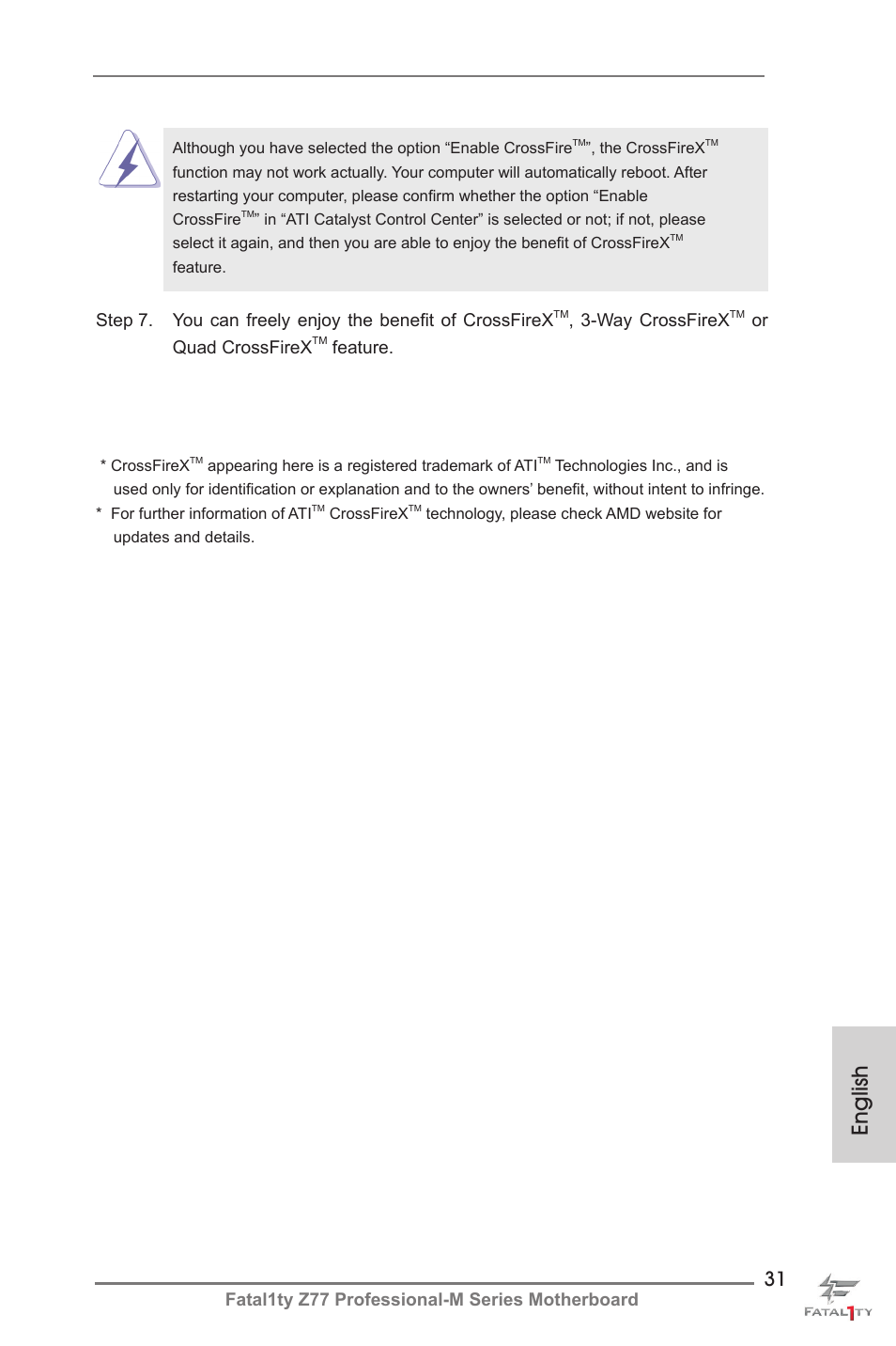 English, Fatal1ty z77 professional-m series motherboard, Way crossfirex | Or quad crossfirex, Feature | ASRock Fatal1ty Z77 Professional-M User Manual | Page 31 / 245