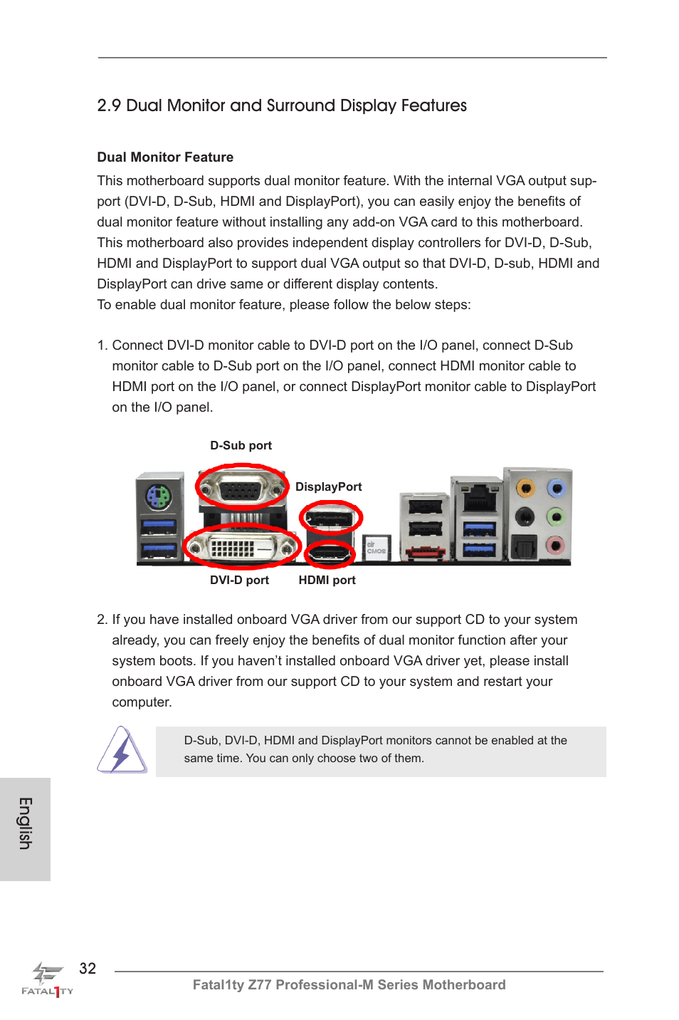 English, 9 dual monitor and surround display features | ASRock Fatal1ty Z77 Professional-M User Manual | Page 32 / 245