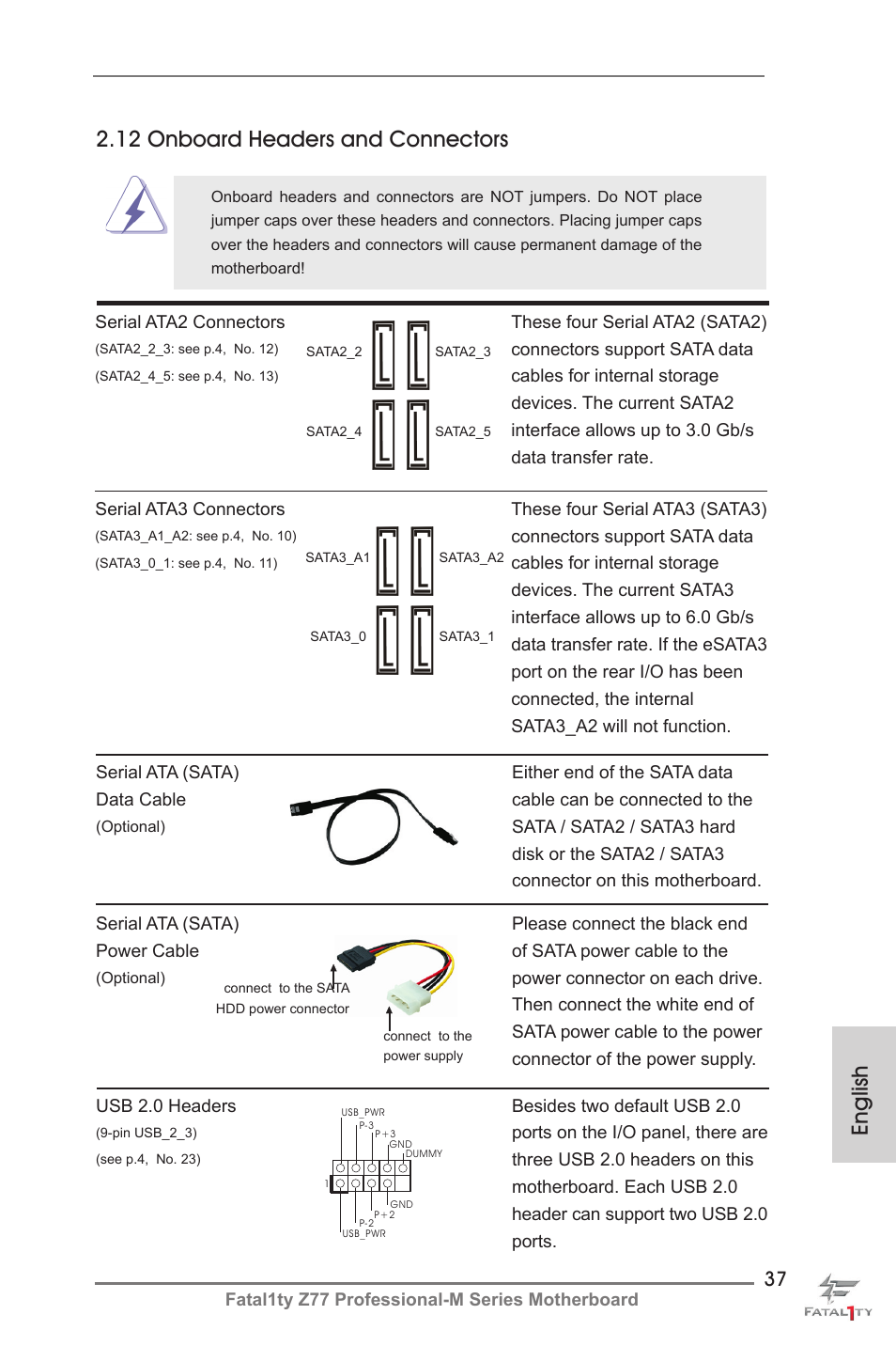 English 2.12 onboard headers and connectors | ASRock Fatal1ty Z77 Professional-M User Manual | Page 37 / 245