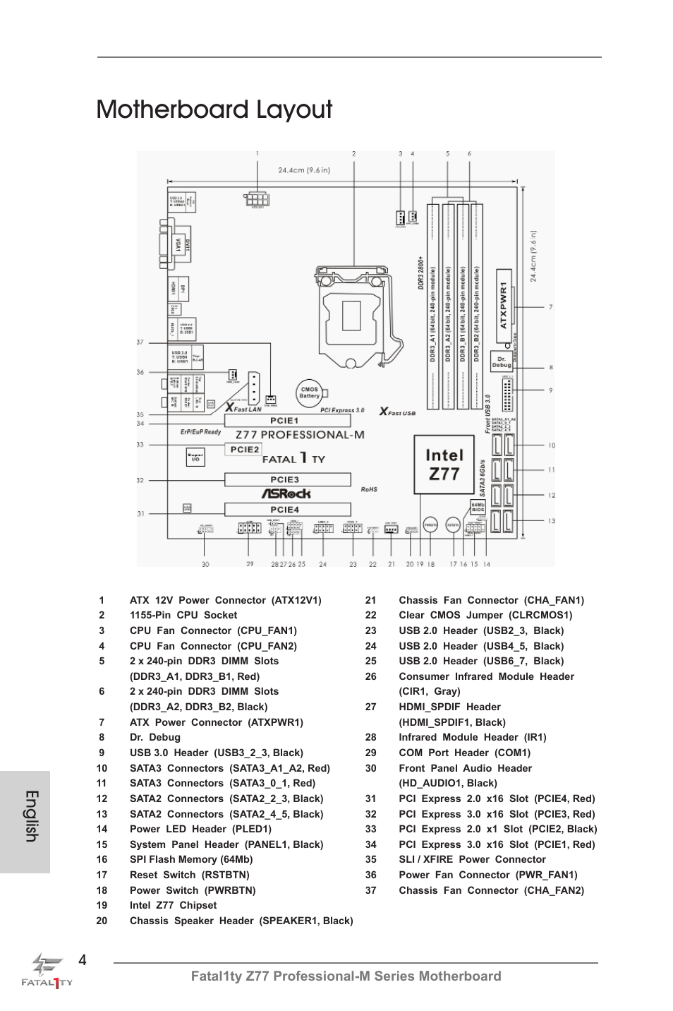 Motherboard layout, English, Fatal1ty z77 professional-m series motherboard | ASRock Fatal1ty Z77 Professional-M User Manual | Page 4 / 245