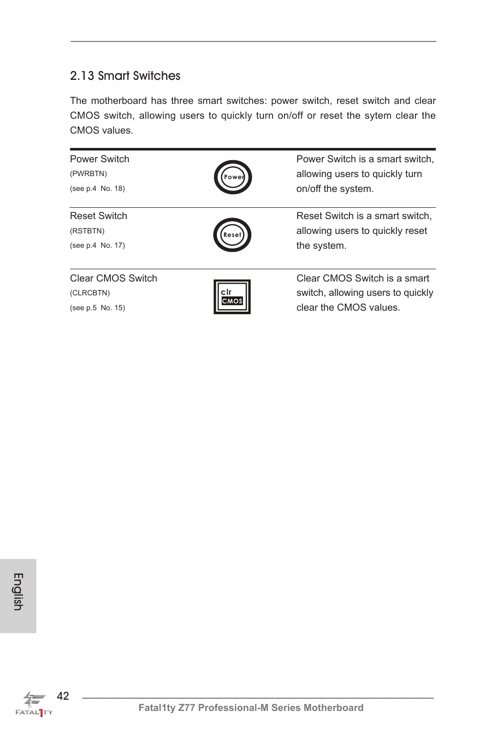 English, 13 smart switches | ASRock Fatal1ty Z77 Professional-M User Manual | Page 42 / 245