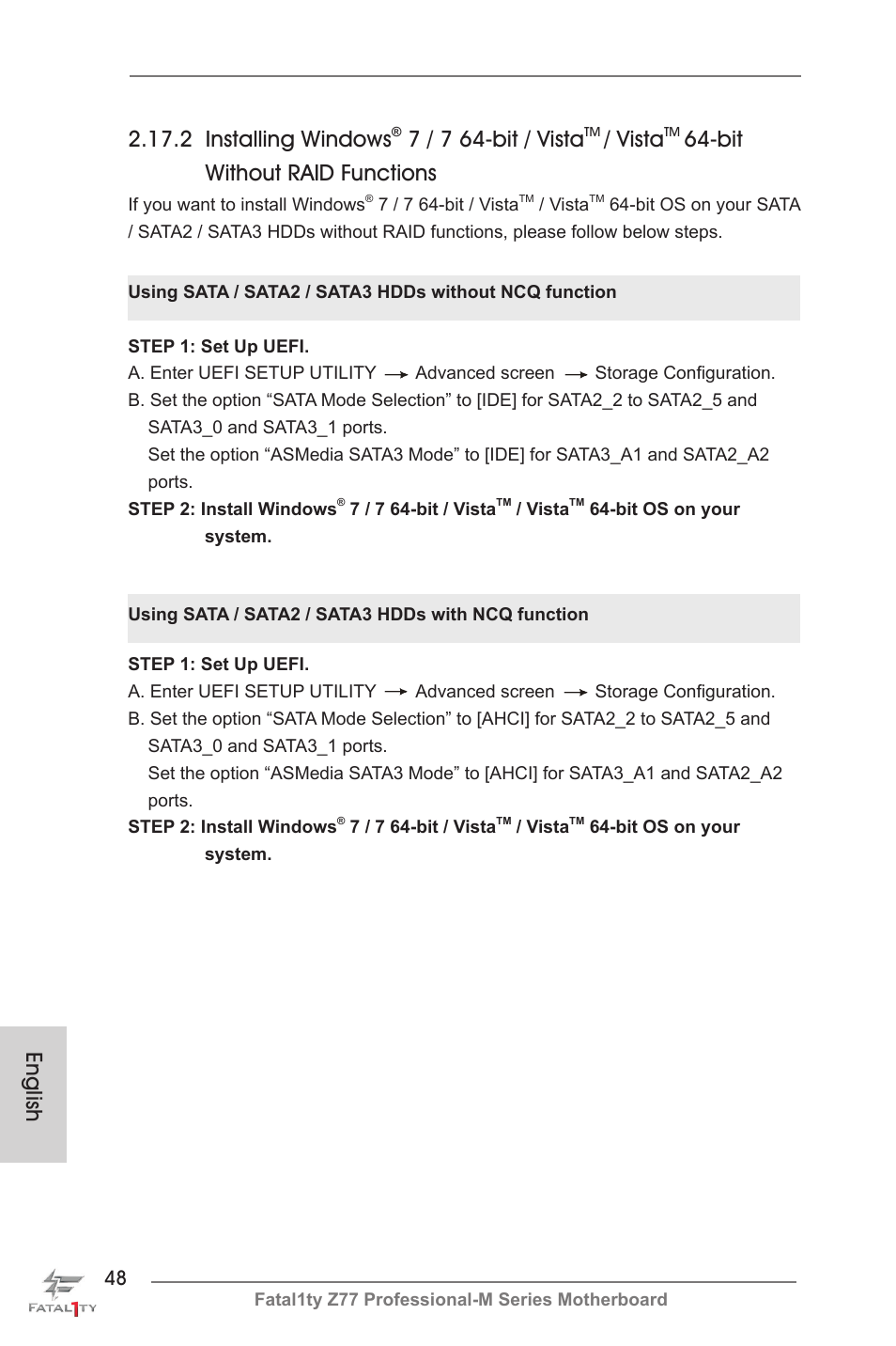 English 2.17.2 installing windows, 7 / 7 64-bit / vista, Vista | Bit without raid functions | ASRock Fatal1ty Z77 Professional-M User Manual | Page 48 / 245